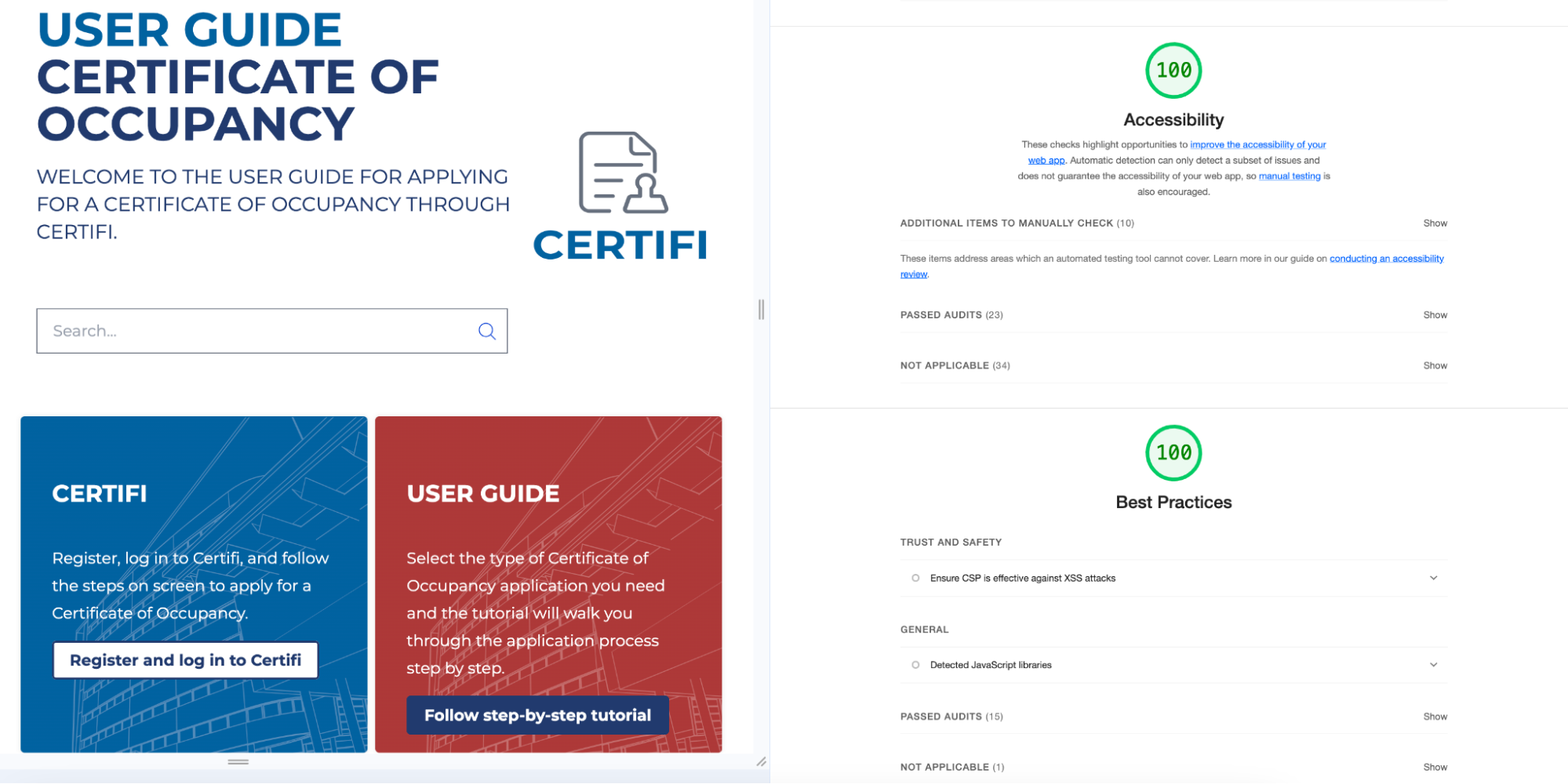 100/100 score on Google Lighthouse for accessibility on the Certifi documentation site